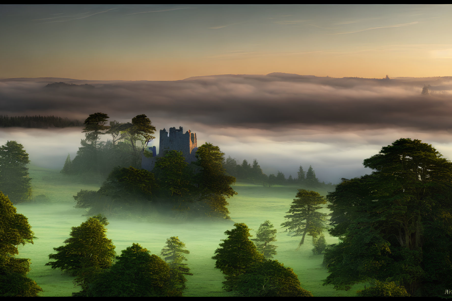 Ancient castle above misty forest and hills at dawn