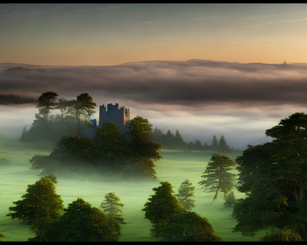Ancient castle above misty forest and hills at dawn