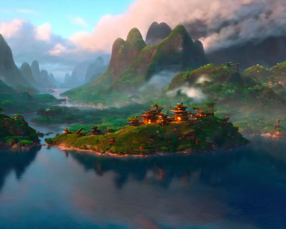 Scenic village among misty hills and calm waters at sunrise or sunset