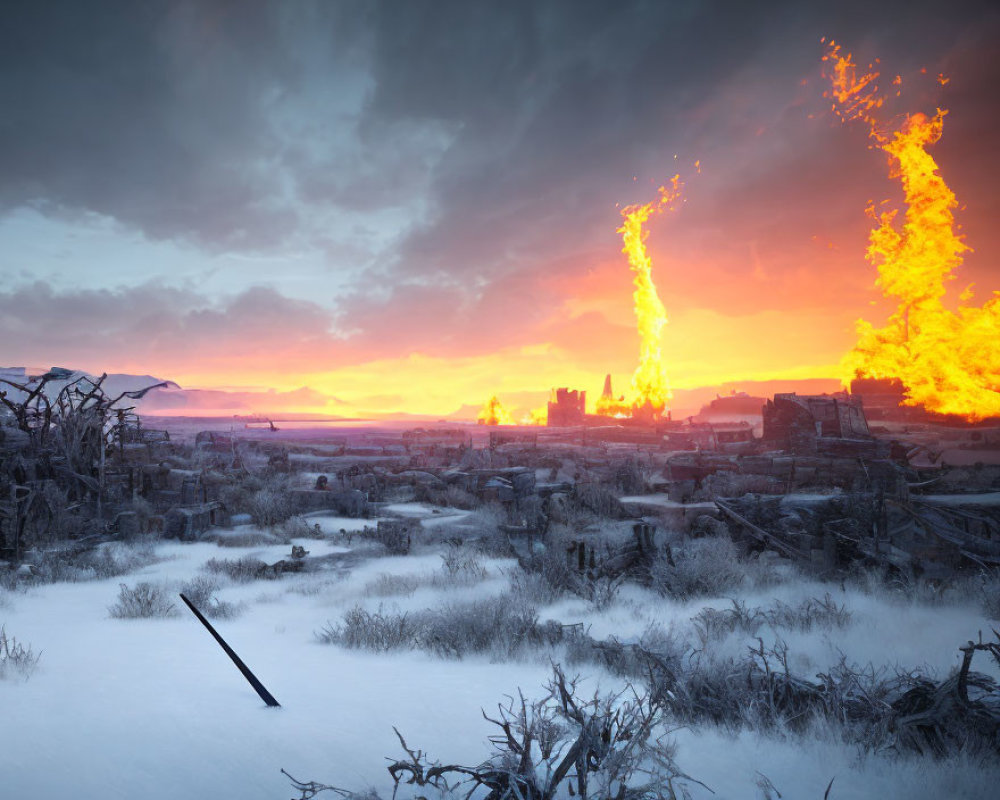 Snow-covered wintry landscape with charred trees and fiery pillars at twilight