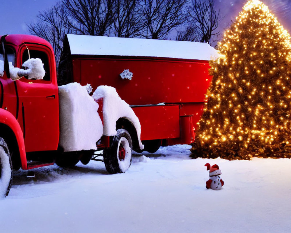 Snow-covered vintage red truck beside lit Christmas tree at dusk with snowman.