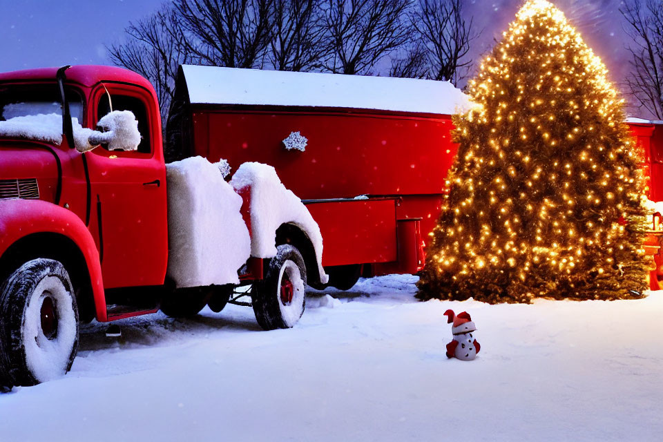 Snow-covered vintage red truck beside lit Christmas tree at dusk with snowman.