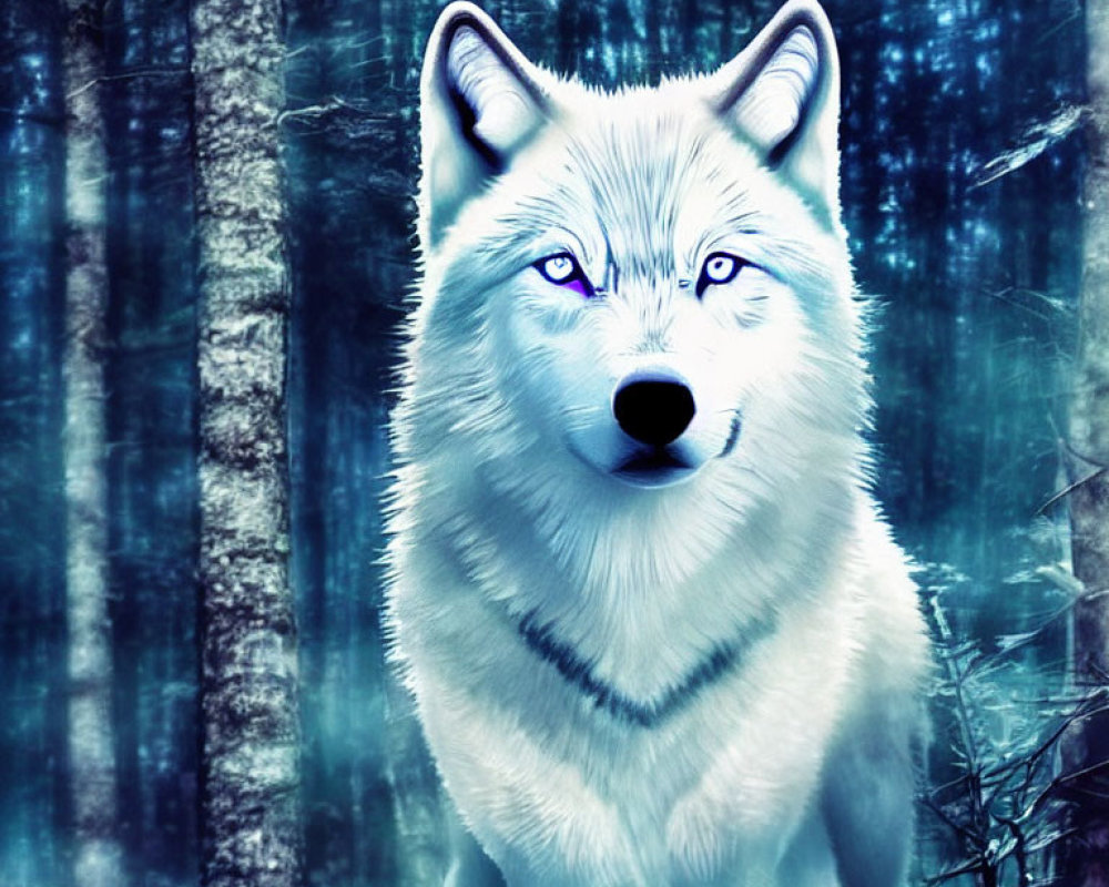 Blue-eyed white wolf in mystical forest - digitally altered image