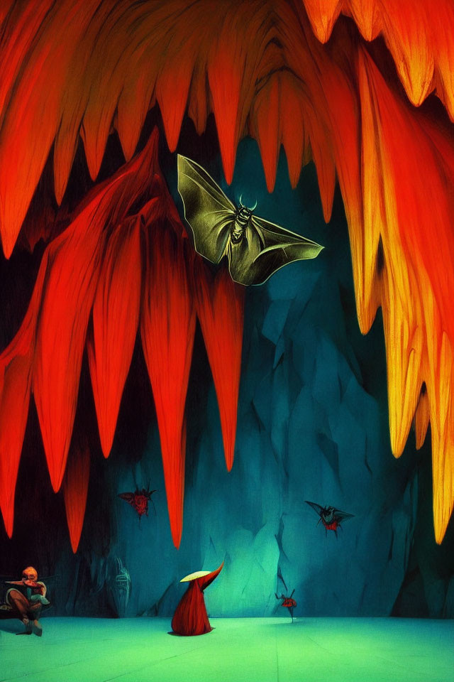 Detailed illustration of cavern with orange stalactites, flying bat, and small figures.