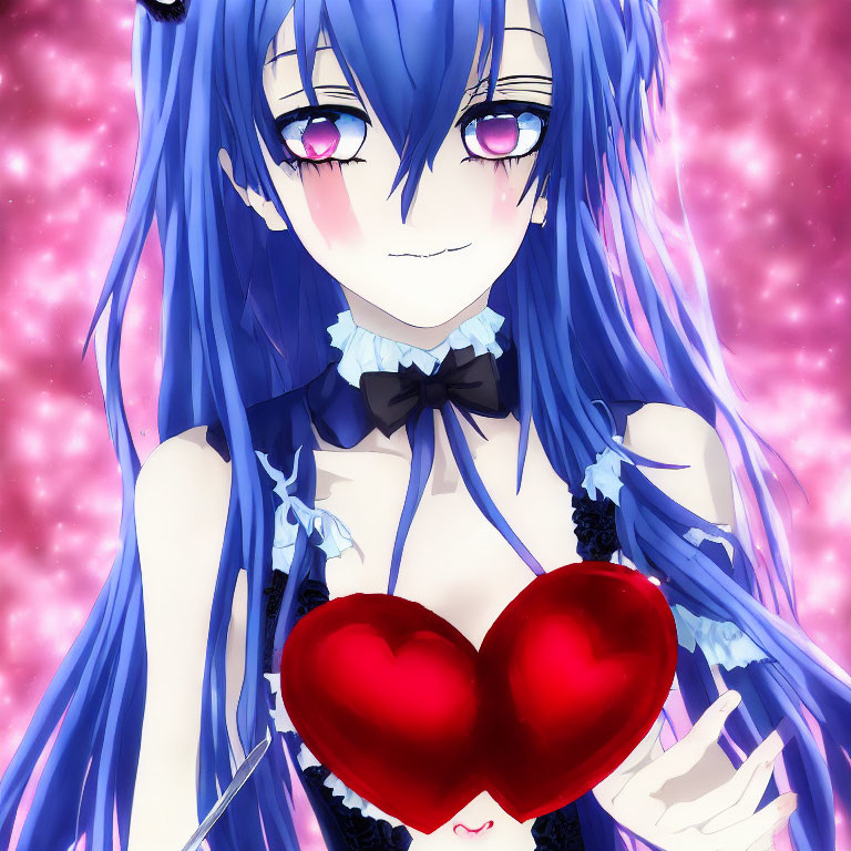 Blue-haired anime girl with purple eyes holding a red heart on pink background