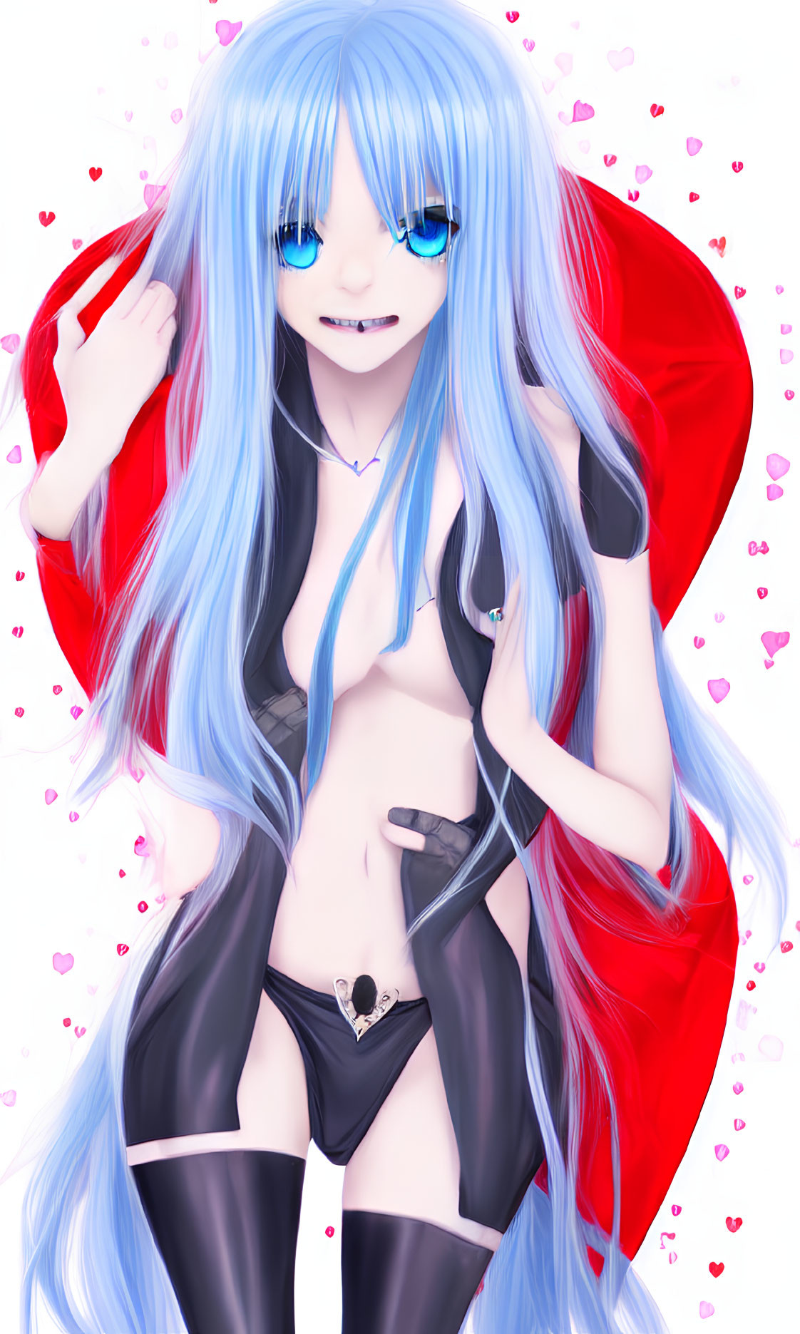 Blue-haired anime character in red cloak and black outfit with pink hearts.
