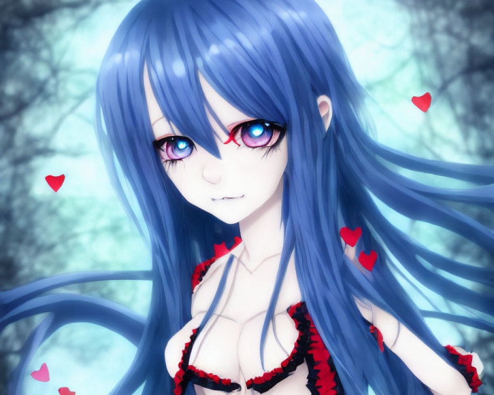 Anime-style character with long blue hair and purple eyes in a heart-filled scene against a tree backdrop.