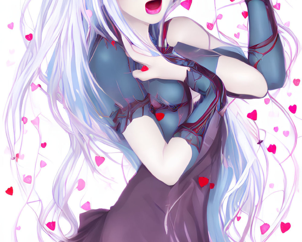 Anime girl with long blue hair, heart-shaped pink glasses, surrounded by floating hearts
