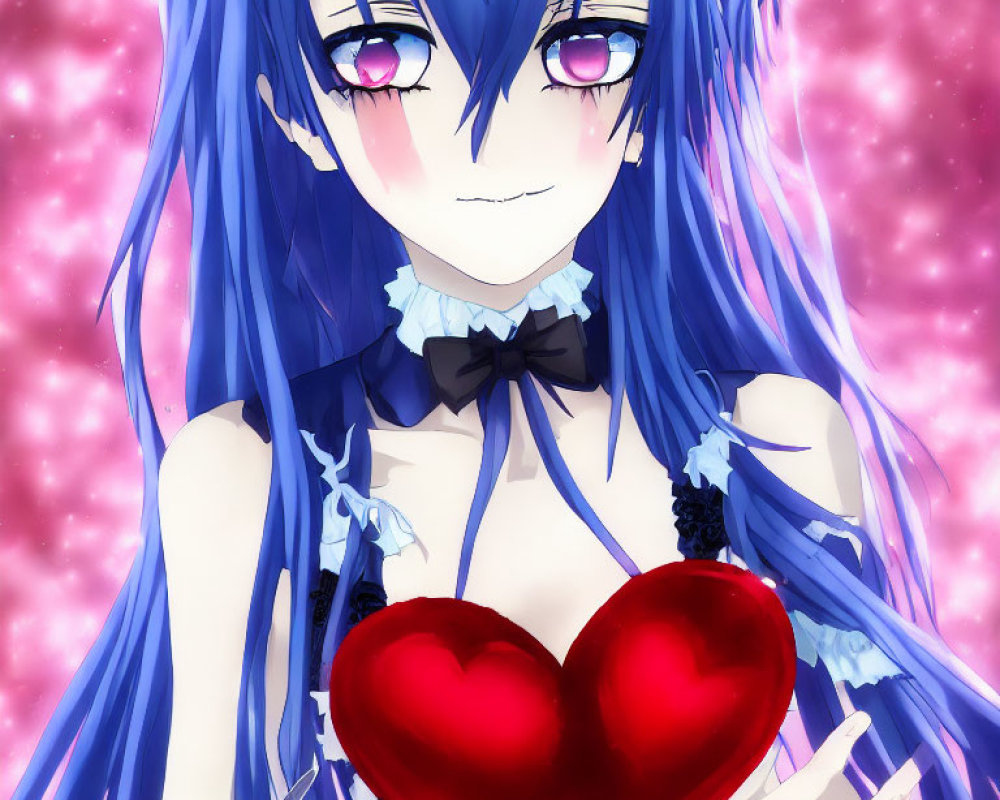 Blue-haired anime girl with purple eyes holding a red heart on pink background