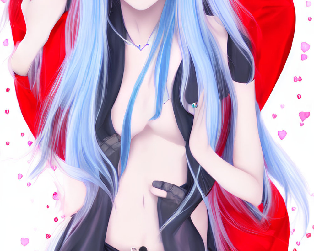 Blue-haired anime character in red cloak and black outfit with pink hearts.