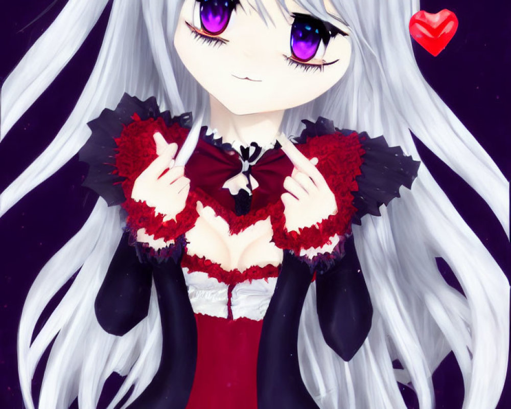 Anime-style character with purple eyes and long silver hair in red and black dress against starry backdrop