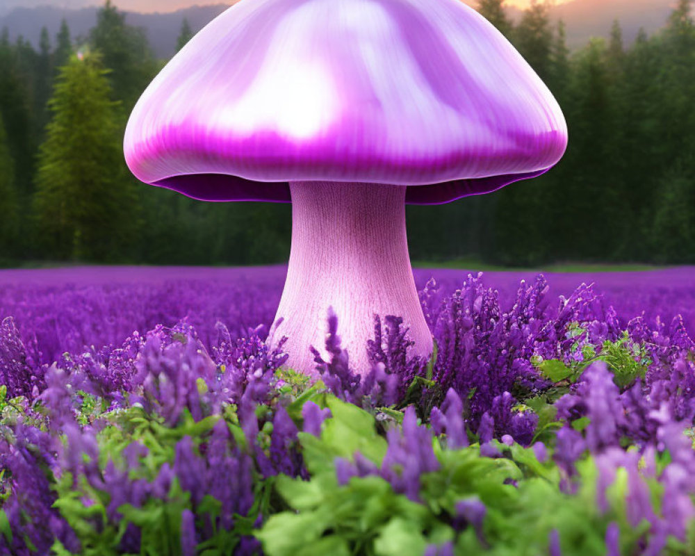 Vibrant purple mushroom in field of flowers with sunset sky