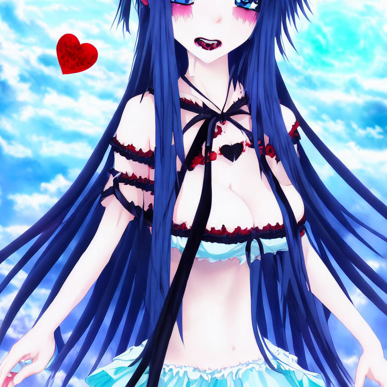 Blue-haired anime character in black and red bikini top under cloudy sky.