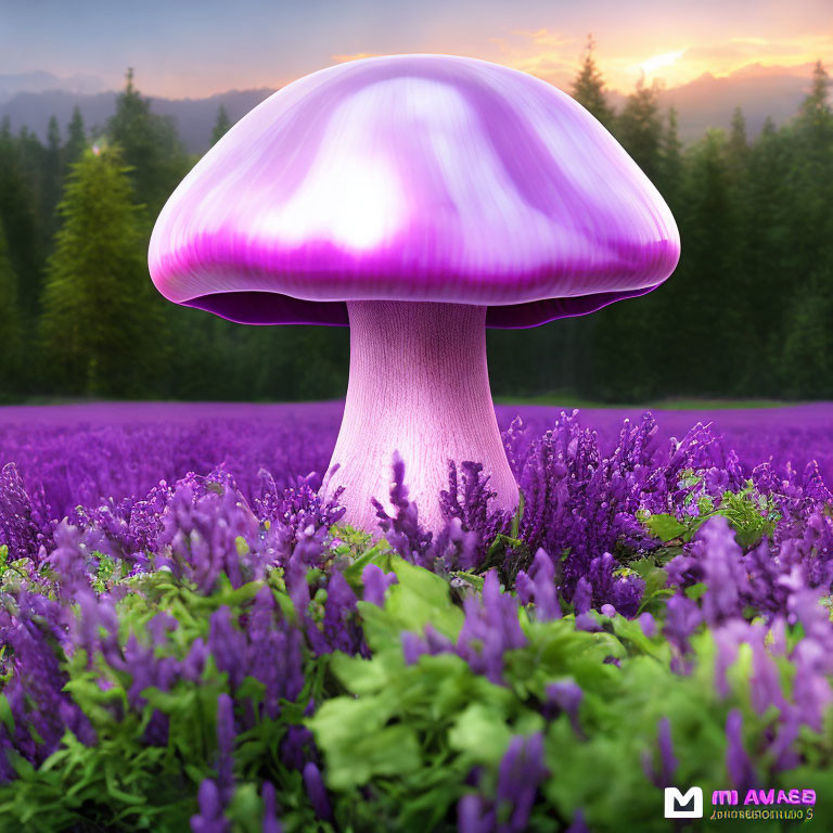 Vibrant purple mushroom in field of flowers with sunset sky