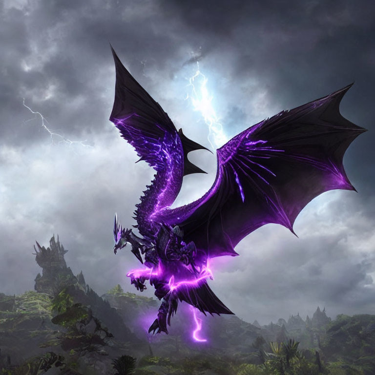 Purple dragon flying in stormy skies over dark, rocky landscape