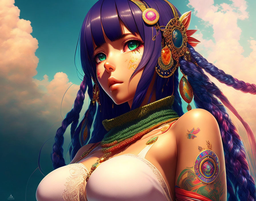 Female character with long blue braided hair, golden jewelry, tattoos, and thoughtful expression under dreamy