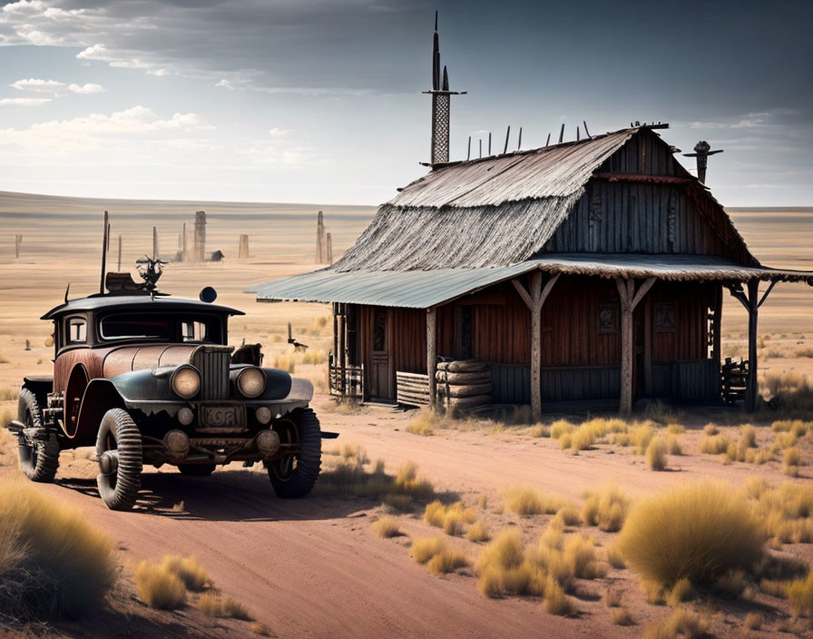 Vintage car parked next to old wooden church in barren desert landscape