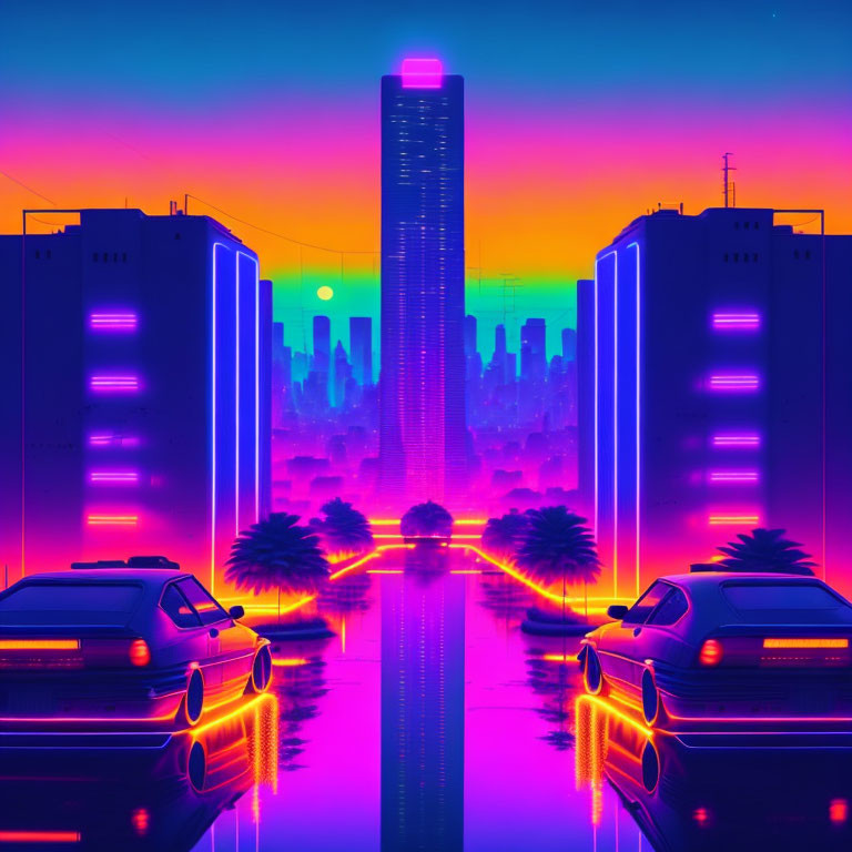 Retrowave city at night