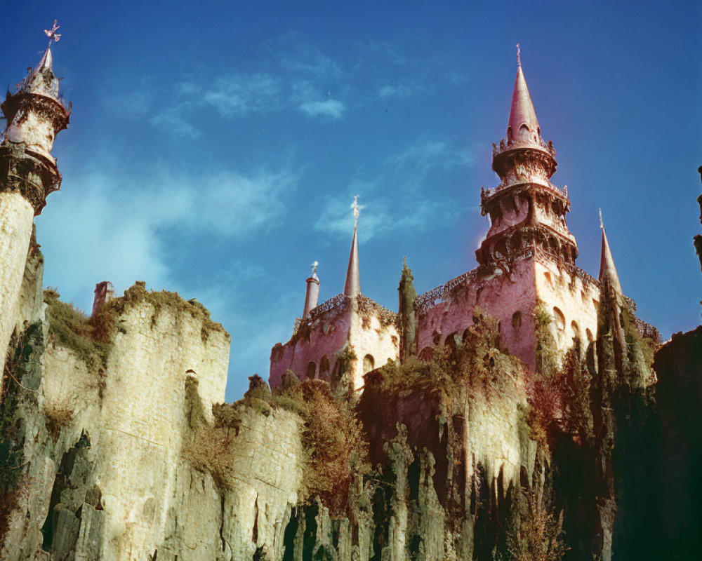 Castle with Pointed Turrets on Rugged Cliff and Blue Sky