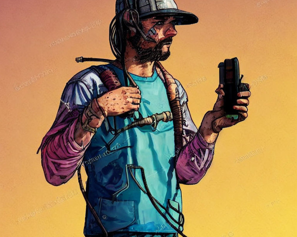 Stylized illustration of man with beard in cap, headset, vest, holding device