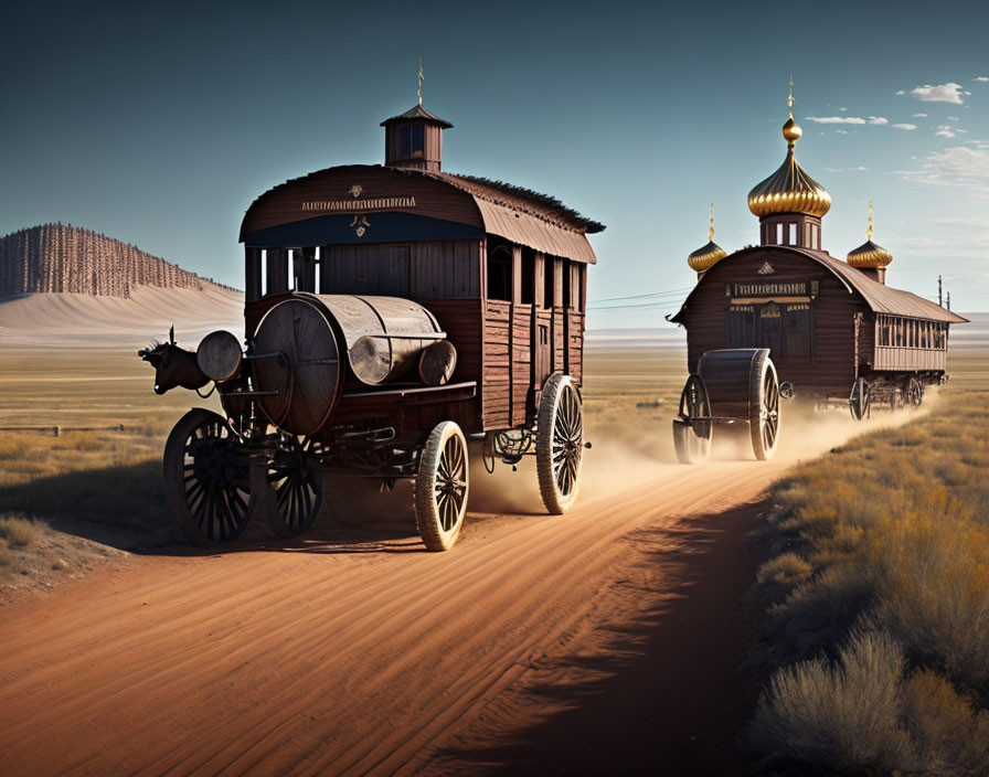 Steam-Powered Locomotive and Church Vehicles Crossing Desert Landscape