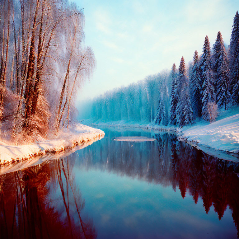 Tranquil winter landscape with river, birch trees, and snow-covered evergreens