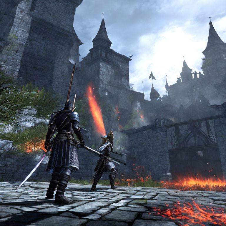 Armored knights at castle gate with fiery explosion and soaring towers