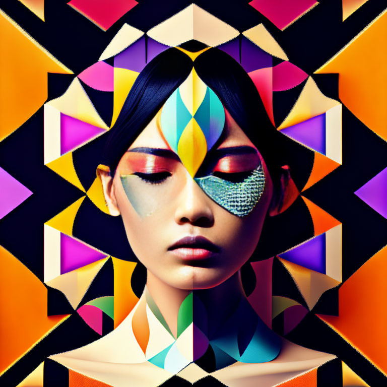 Colorful Geometric Makeup on Woman Against Vibrant Kaleidoscopic Background