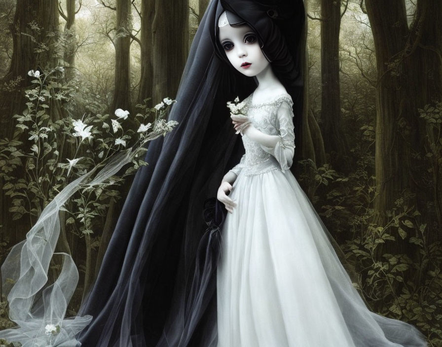 Gothic-style illustration of pale girl in white dress with black veil in dark forest
