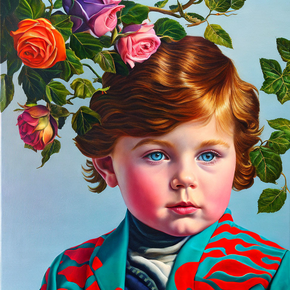 Portrait painting of a child with blue eyes and curly hair, surrounded by roses in a red jacket and