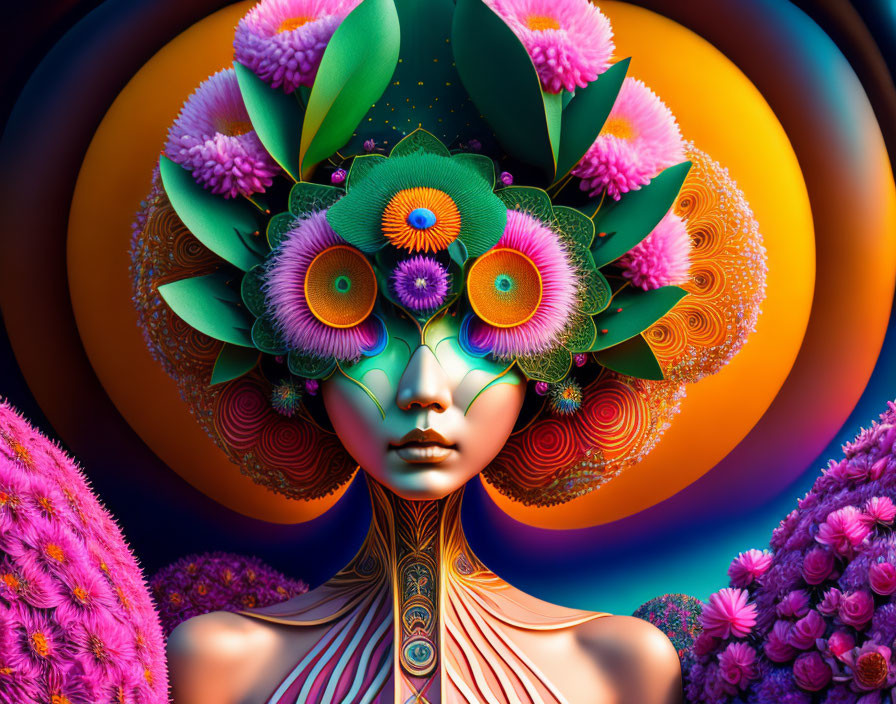 Colorful digital art: Stylized female figure with floral headdress in vibrant setting.