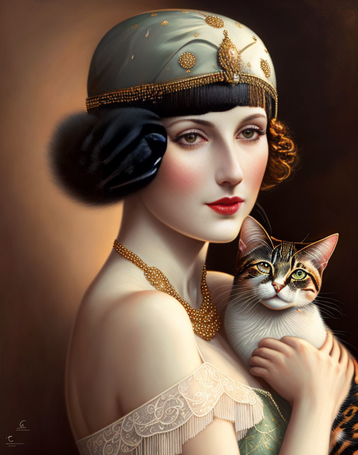 Digital painting of a woman in vintage attire with a cloche hat and a cat, embodying 