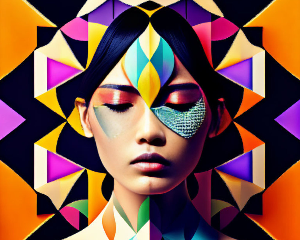 Colorful Geometric Makeup on Woman Against Vibrant Kaleidoscopic Background