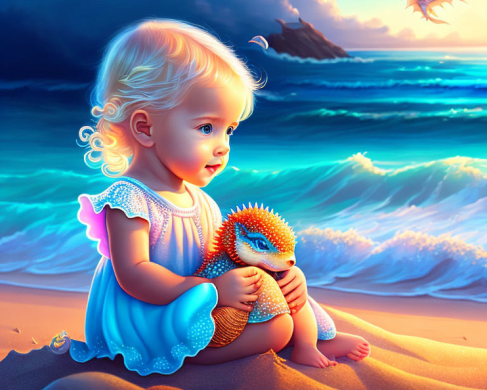 Toddler in Blue Dress with Hatching Dragon on Beach at Sunset