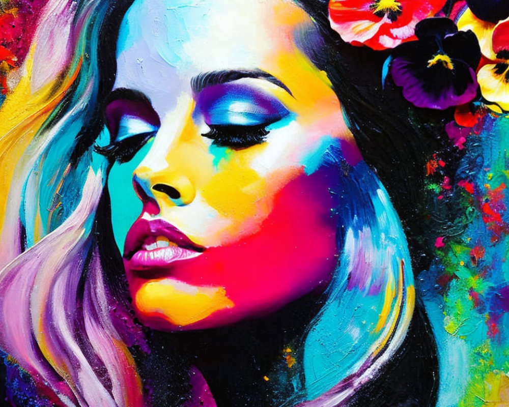 Colorful makeup woman portrait with floral hair against abstract backdrop