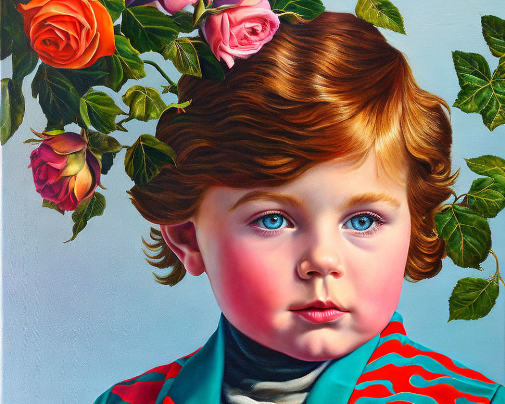 Portrait painting of a child with blue eyes and curly hair, surrounded by roses in a red jacket and