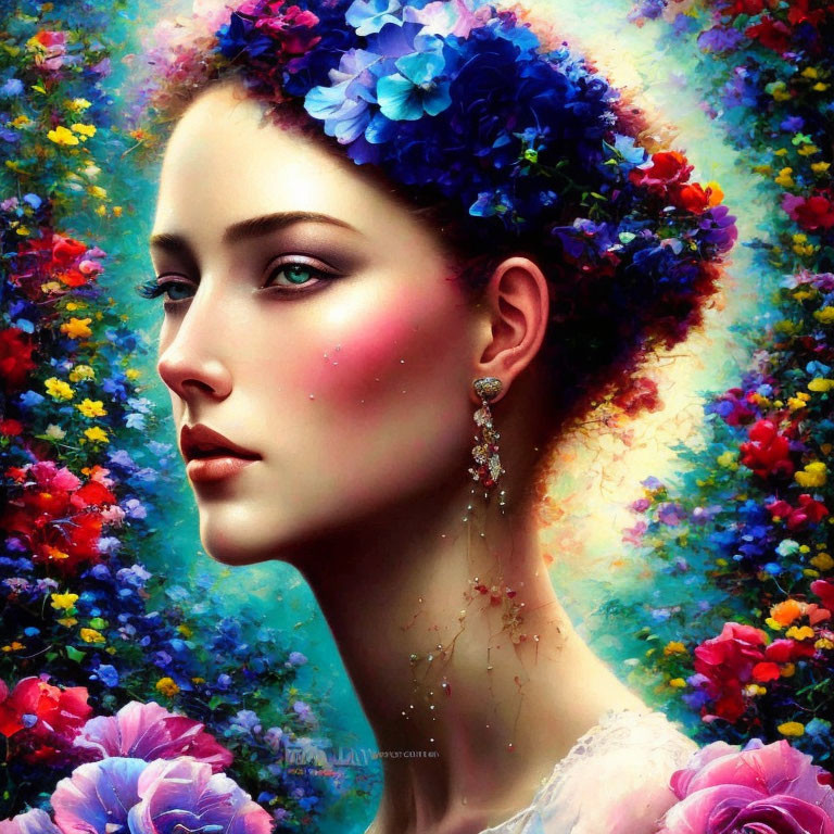 Digital artwork: Woman with floral hairstyle and starry earring in vibrant fantasy setting