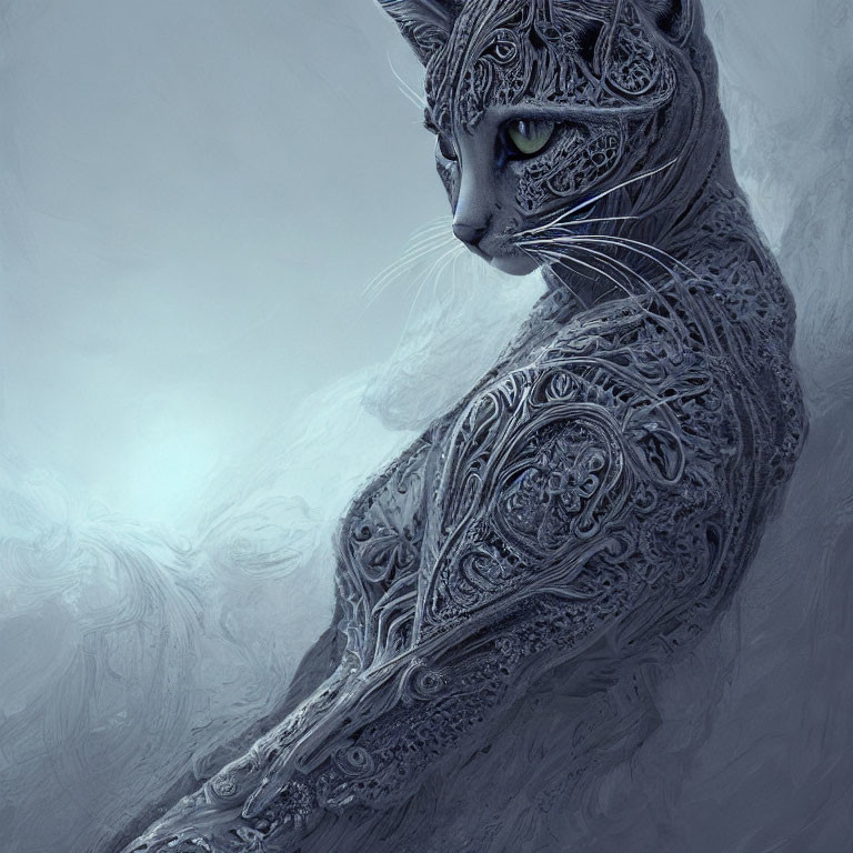 Intricate silver patterned cat artwork with green eye
