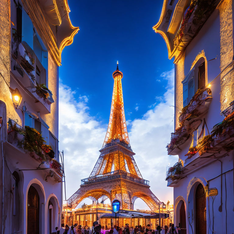 Eiffel Tower Illuminated at Dusk Between European Buildings and Flowers