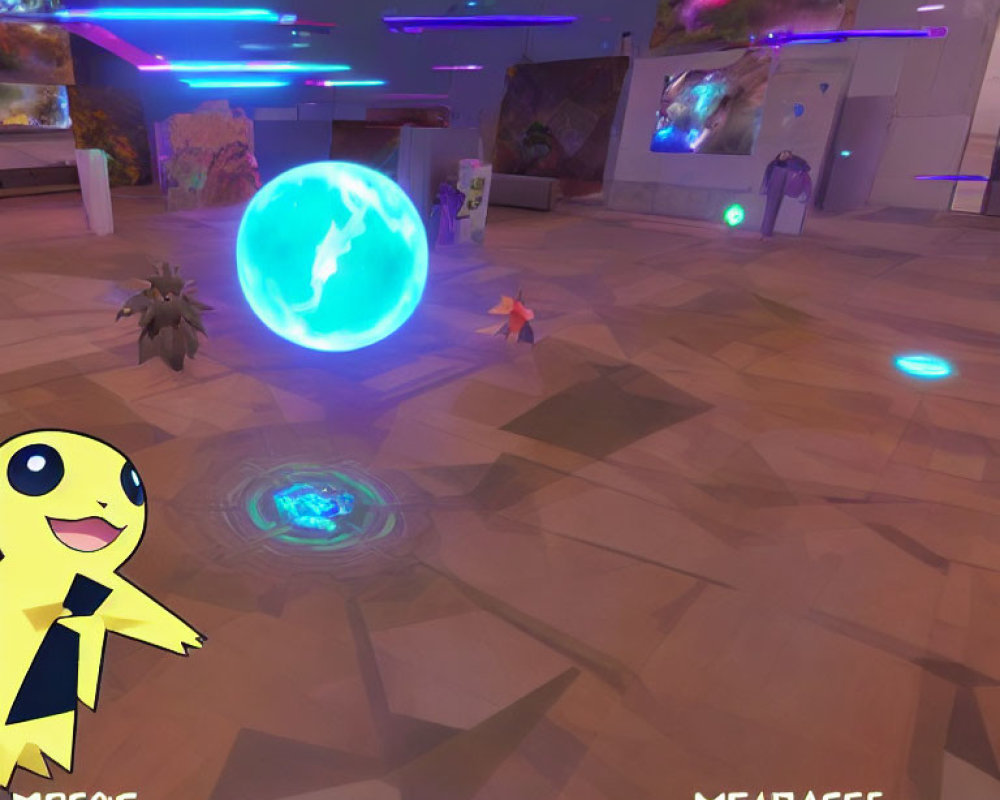 Virtual gaming environment with glowing elements and blue hologram, featuring a yellow creature.