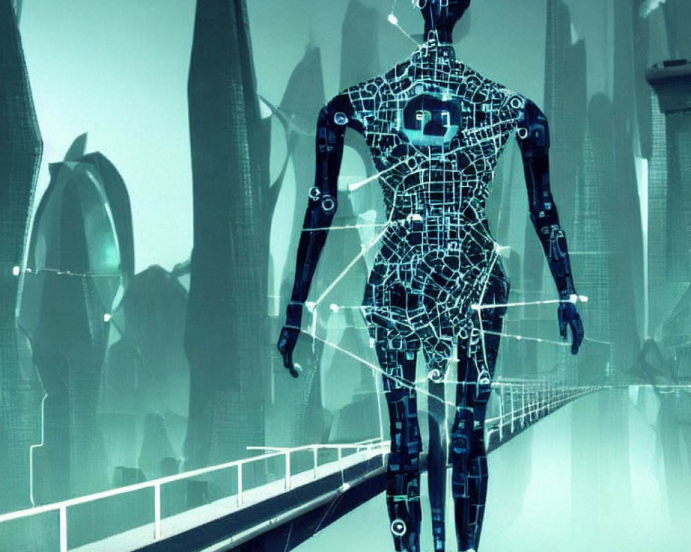Translucent wireframe humanoid robot in futuristic cityscape