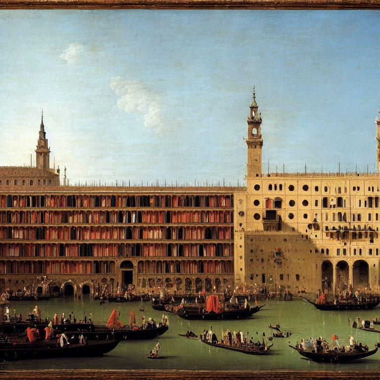 Detailed Painting: Venice's Grand Canal with Ornate Buildings, Gondolas, and Bustling Bo