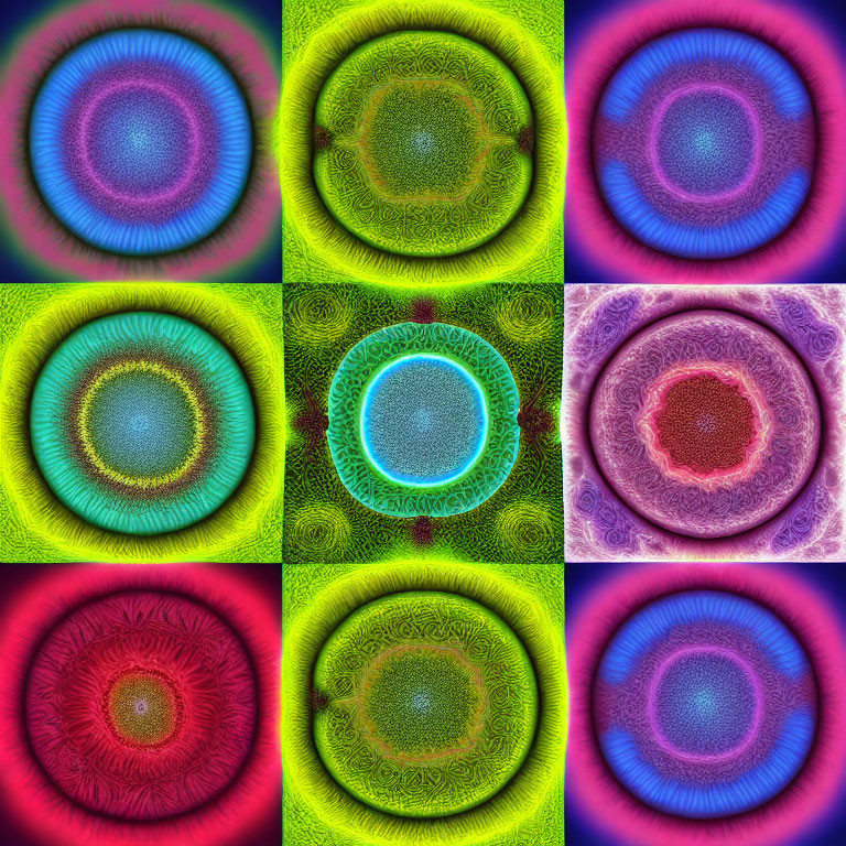 Nine Colorful Symmetrical Mandala Patterns on Contrasting Backgrounds