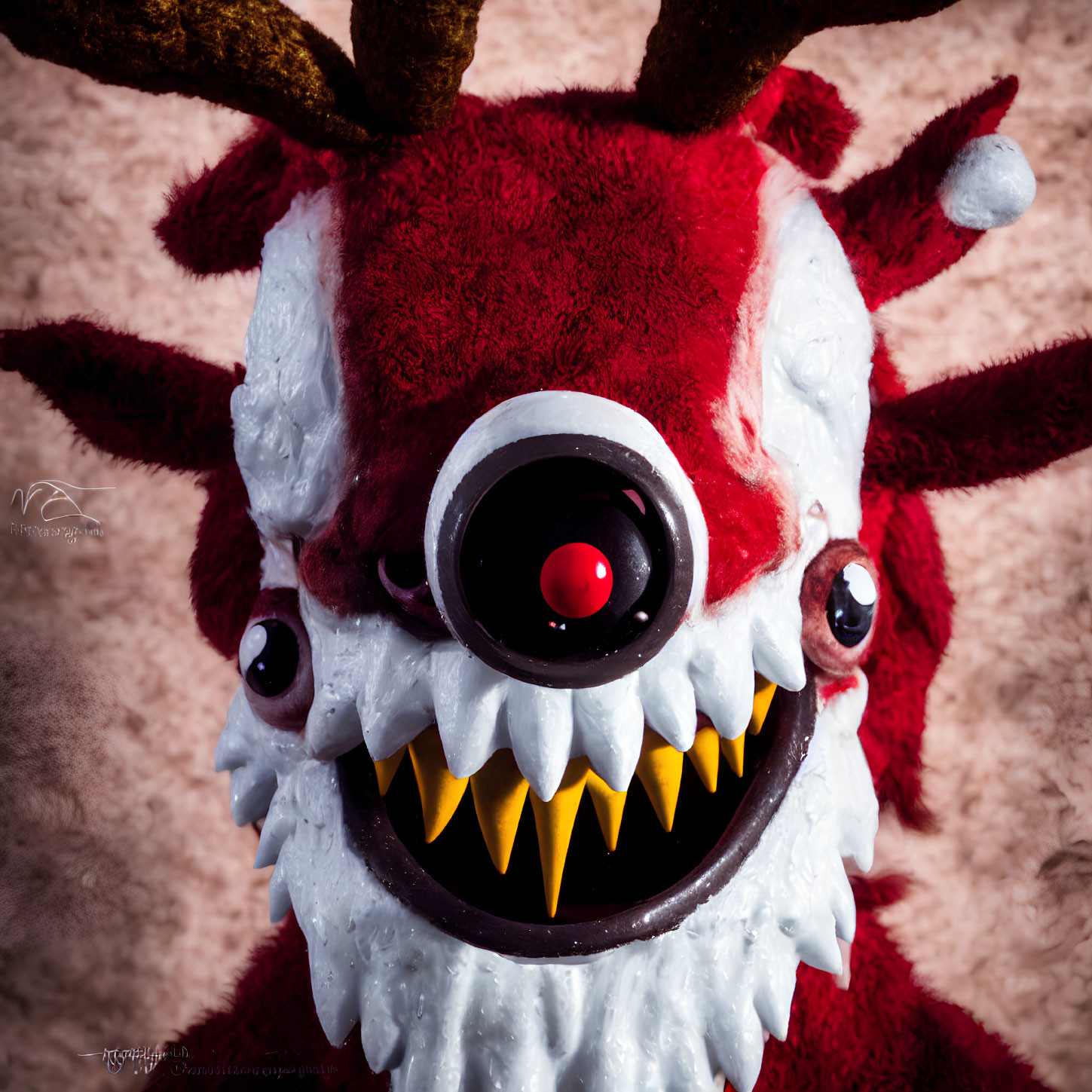 Whimsical red and white plush creature with large eye and antlers