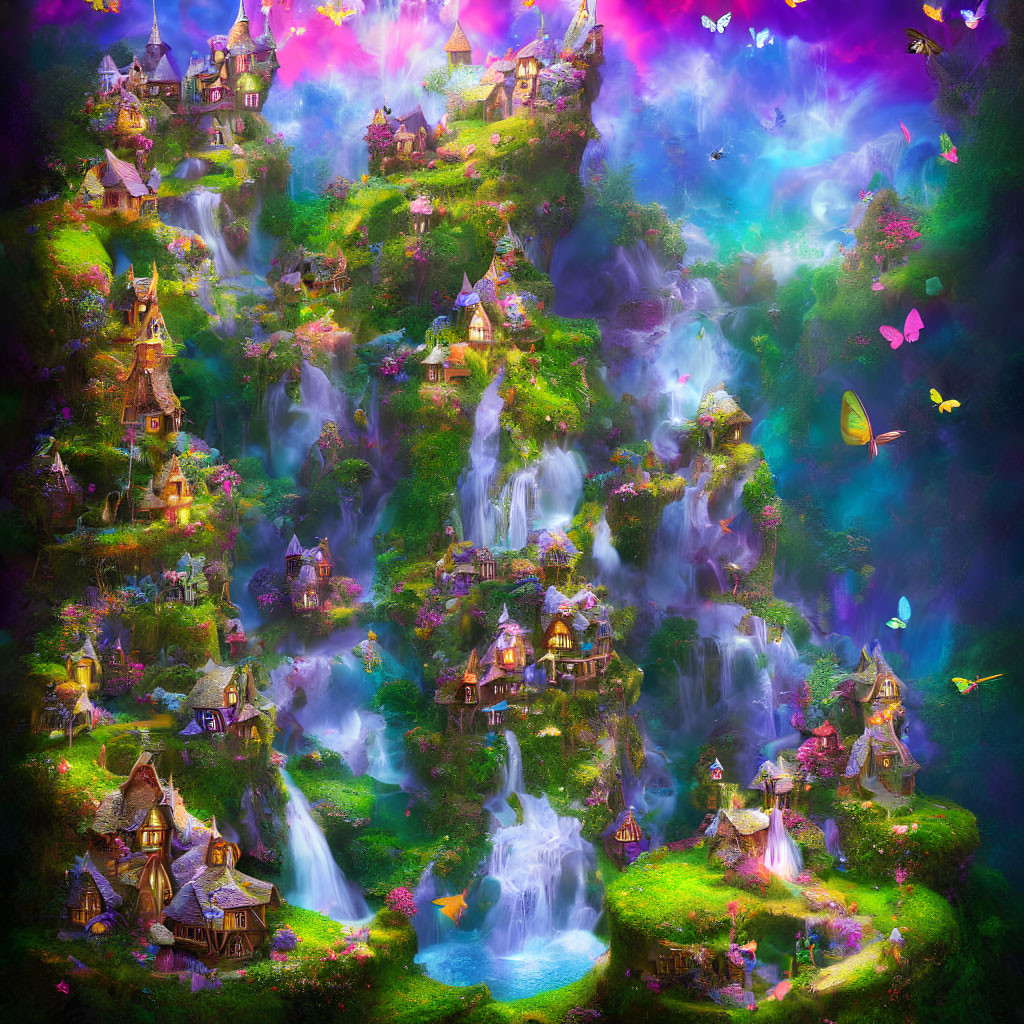 Fantastical landscape with whimsical cottages, waterfalls, and colorful butterflies