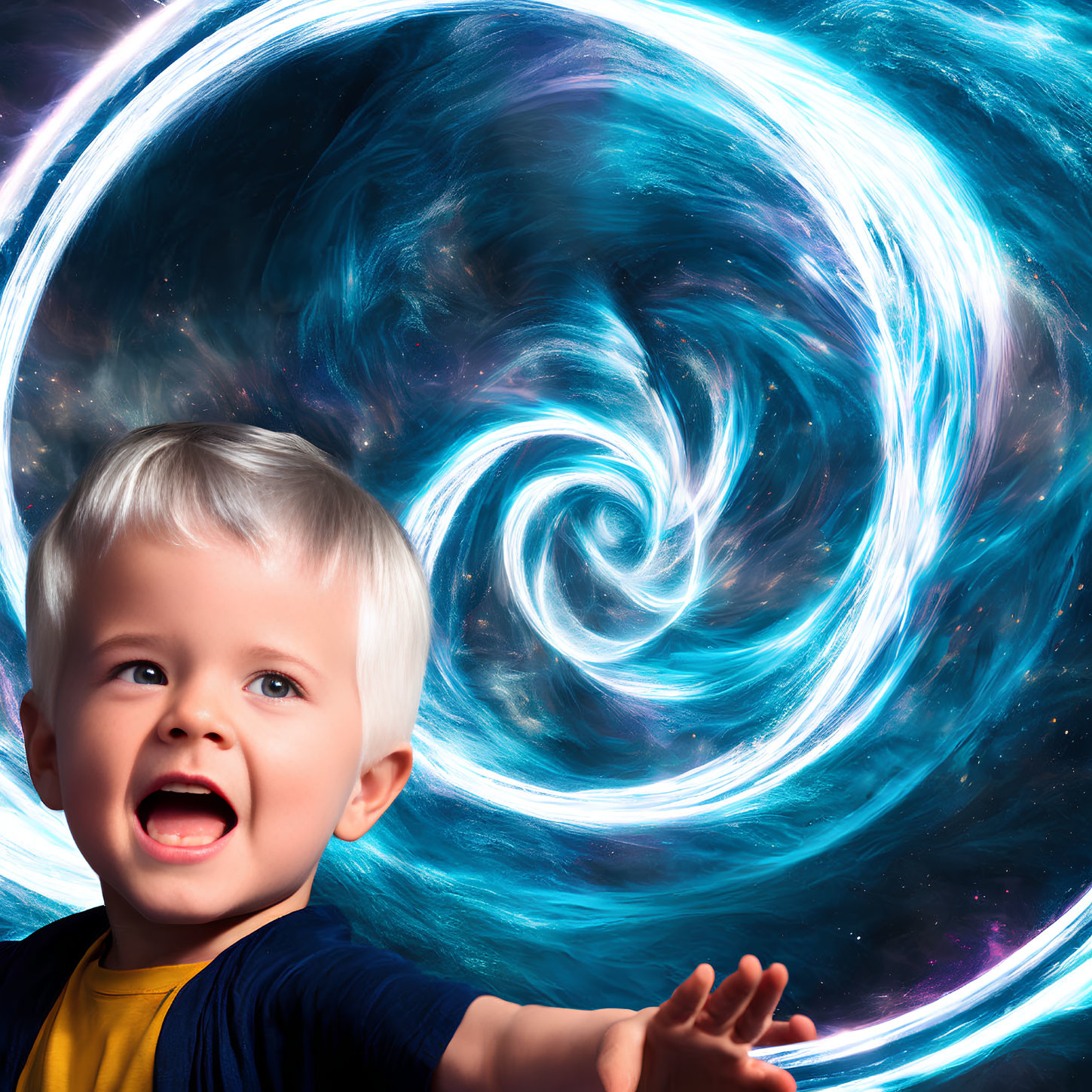 Blond-Haired Child Smiling in Cosmic Blue Background