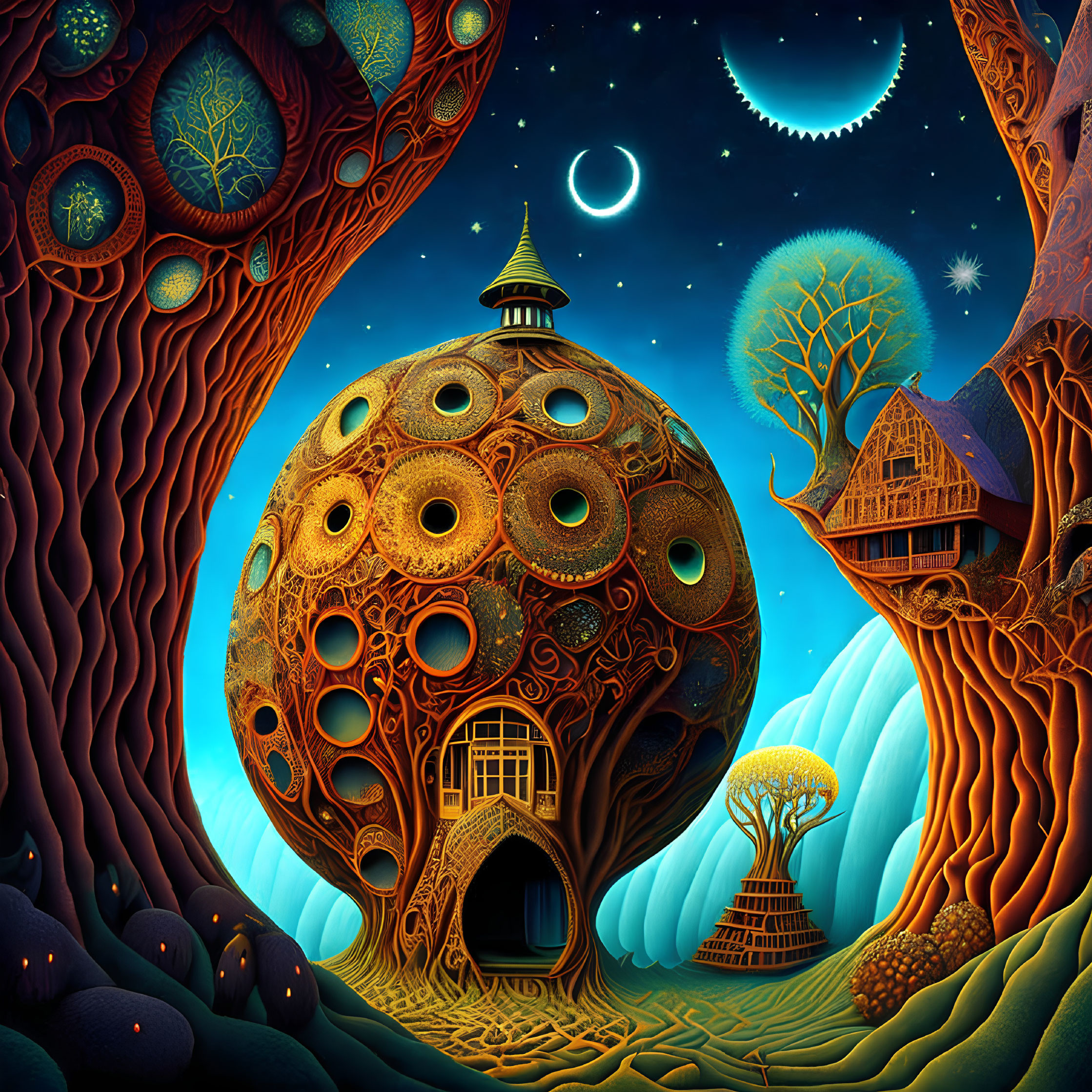 Fantasy landscape with whimsical trees, spherical house, treehouse, moons, stars