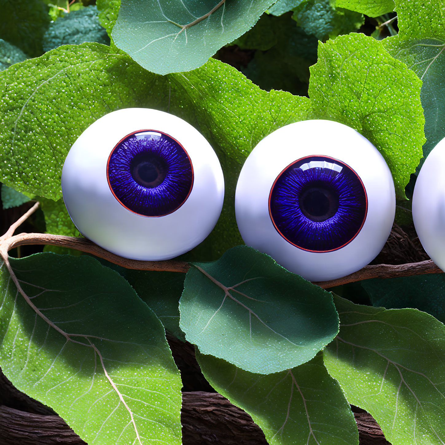 Realistic eyeballs with deep blue irises among vibrant green leaves