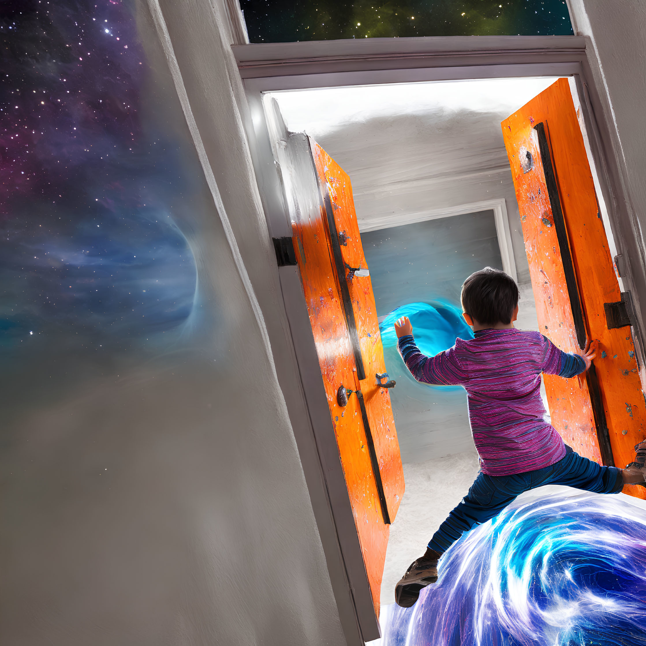 Child Enters Cosmic Space with Galaxies and Stars