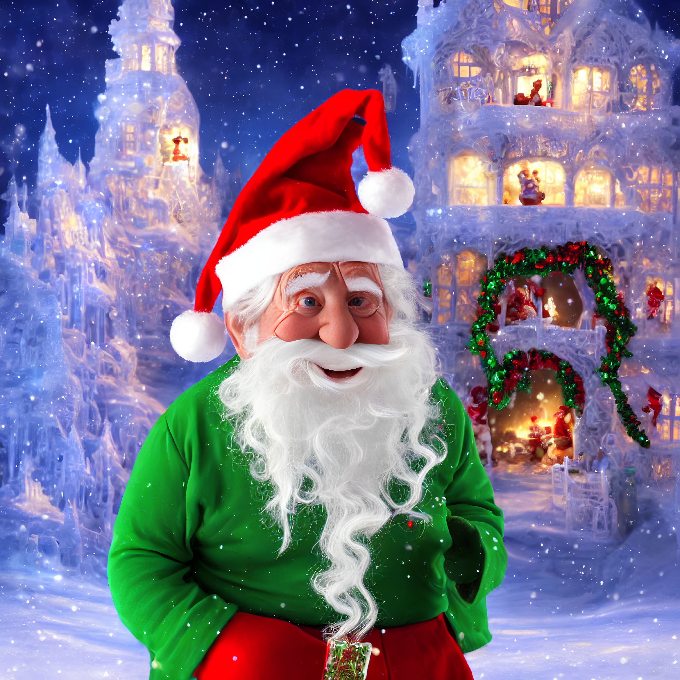 Cheerful Santa Claus with white beard, green shirt, holding gift, snowy village background